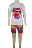 multicolor Fashion Sexy adult Ma'am O Neck Patchwork Print Tie Dye Two Piece Suits Stitching Plus Size