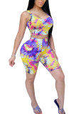 Yellow Fashion Casual adult Ma'am O Neck Print Tie Dye Two Piece Suits Stitching Plus Size
