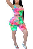 Black Fashion Casual adult Ma'am O Neck Print Tie Dye Two Piece Suits Stitching Plus Size