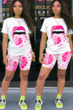 Pink Fashion Sexy adult Ma'am O Neck Patchwork Print Tie Dye Two Piece Suits Stitching Plus Size