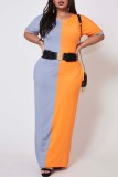 Оранжевый Модный Повседневный взрослый мэм с круглым вырезом в стиле пэчворк с однотонным шитьем больших размеров