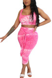 Pink Fashion Casual adult Ma'am O Neck Print Two Piece Suits Stitching Plus Size