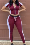 Wine Red Fashion Casual zipper Patchwork Plus Size