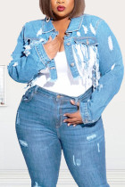 Светло-голубой джинсовый модный взрослый Ma'am Street отложной воротник с однотонным отверстием для стирки с кисточкой размера плюс