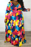 Multicolor Moda Casual adulto com decote em V patchwork estampado cinto costura plus size