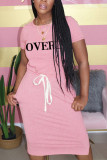 Pink Fashion Casual O Neck Letter Print Belt Plus Size