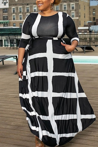 Black Polyester Fashion adult Ma'am OL O Neck Print Stitching Plus Size 