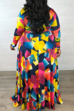 Multicolor Moda Casual adulto com decote em V patchwork estampado cinto costura plus size