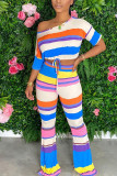 Stripe Fashion Sexigt tryck asymmetrisk crop top Boot Cut Kort ärm Två delar
