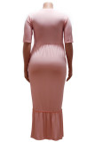Pink Fashion Sexy adult O Neck Patchwork Solid Stitching Plus Size