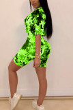 Green Fashion Sexy adult Ma'am O Neck Print Two Piece Suits Stitching Plus Size