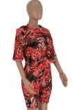rose red Fashion Sexy adult Ma'am O Neck Print Two Piece Suits Stitching Plus Size