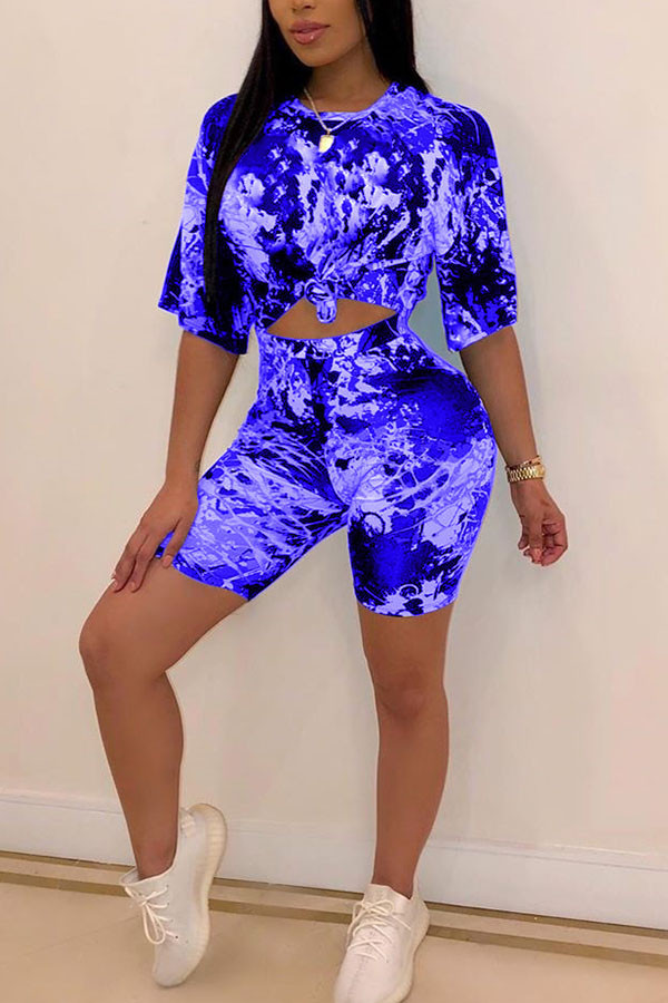 Blaue Mode Sexy erwachsene Ma'am O Neck Print Zweiteilige Anzüge Nähte Plus Größe