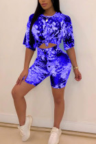 Blaue Mode Sexy erwachsene Ma'am O Neck Print Zweiteilige Anzüge Nähte Plus Größe
