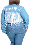 Azul claro Denim Moda adulto Ma'am Street Turndown Collar Agujero sólido lavado Borla Tallas grandes
