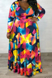 multicolor Fashion Casual adult V Neck Patchwork Print Belt Stitching Plus Size