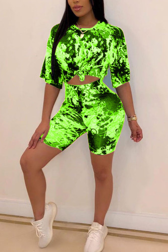 Green Fashion Sexy adult Ma'am O Neck Print Two Piece Suits Stitching Plus Size