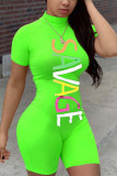 Fluorescent green Casual letter Short Sleeve Rompers