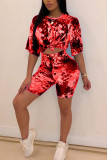rose red Fashion Sexy adult Ma'am O Neck Print Two Piece Suits Stitching Plus Size