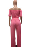 Pink Fashion Casual adult Ma'am One word collar Patchwork Solid asymmetrical Two Piece Suits Stitching Plus Size