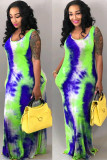 watermelon red Fashion Sexy adult Green Yellow watermelon red Tank Sleeveless Slip Swagger Ankle-Length Print Patchwork Tie and dye Dresses