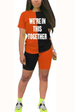 Oranje mode casual volwassen mevrouw patchwork print tweedelige pakken rechte korte mouw twee stukken