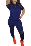 Royal blue Fashion Active adult Ma'am hooded Solid Burn-out Two Piece Suits Stitching Plus Size