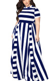 Hide Blue Fashion Sexy adult O Neck Striped Patchwork Print Stitching Plus Size