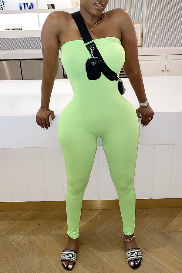 Fluorescerend groen Fashion Casual Solid Milk. Mouwloze gewikkelde jumpsuits