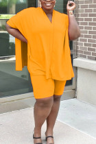 Oranje Mode volwassen Straat V-hals Patchwork Solid Split Tweedelige Pakken Stiksels Plus Size