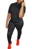 Black Fashion Active adult Ma'am hooded Solid Burn-out Two Piece Suits Stitching Plus Size