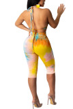Yellow Fashion Sexy adult Ma'am Print backless Tie Dye Two Piece Suits pencil Sleeveless Two Pieces