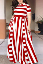 Red Fashion Sexy adult O Neck Striped Patchwork Print Stitching Plus Size
