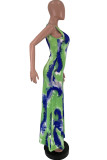 スイカレッドファッションセクシーな大人のグリーンイエロースイカレッドタンクノースリーブスリップスワッガー足首までの長さのプリントパッチワークネクタイと染料のドレス