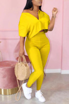 Yellow Polyester Fashion Casual adult Patchwork Solid Zippered Two Piece Suits Straight Short Sleeve Two Pieces