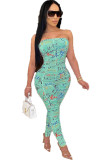 Grass Green Sexy Print Draped Sleeveless Wrapped Jumpsuits