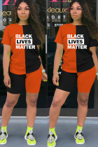 Оранжевый модный повседневный костюм из двух предметов с буквенным принтом для взрослых «мэм», прямой костюм из двух предметов с короткими рукавами