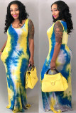 Green Fashion Sexy adult Green Yellow watermelon red Tank Sleeveless Slip Swagger Ankle-Length Print Patchwork Tie and dye Dresses