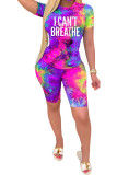 purple Fashion OL Print Tie Dye Two Piece Suits Straight Short Sleeve Two Pieces