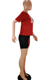黒と赤のファッションカジュアル大人奥様レターパッチワークプリントツーピーススーツストレート半袖ツーピース