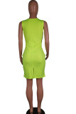 Green Sexy White Green Pink Yellow Spaghetti Strap Sleeveless Slip Sheath Knee-Length Print Dresses