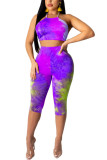 purple Fashion Sexy adult Ma'am Print backless Tie Dye Two Piece Suits pencil Sleeveless Two Pieces