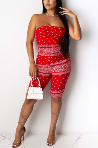 Red Fashion street Print Milk. Sleeveless Wrapped Rompers