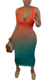 Оранжевые модные сексуальные лоскутные платья с V-образным вырезом с постепенным изменением