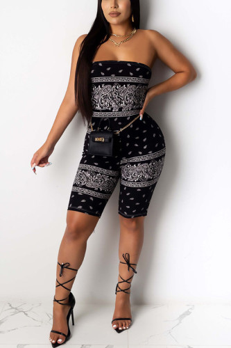 Black Fashion street Print Milk. Sleeveless Wrapped Rompers