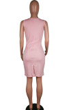Pink Sexy White Green Pink Yellow Spaghetti Strap Sleeveless Slip Sheath Knee-Length Print Dresses