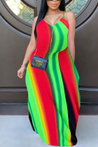 flerfärgat Mode Casual vuxen fru Brun Dekorativt mönster flerfärgat spaghettiband Ärmlös V-hals Swagger Golvlångt tryck Klänningar