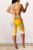 Blue Fashion Sexy adult Ma'am Print backless Tie Dye Two Piece Suits pencil Sleeveless Two Pieces