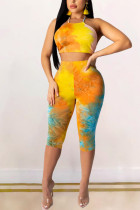 Gelb Mode Sexy Erwachsene Ma'am Print rückenfrei Tie Dye Zweiteiler Bleistift Ärmellos Zweiteiler