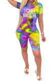 Gold Fashion OL Print Tie Dye Two Piece Suits Straight Short Sleeve Two Pieces